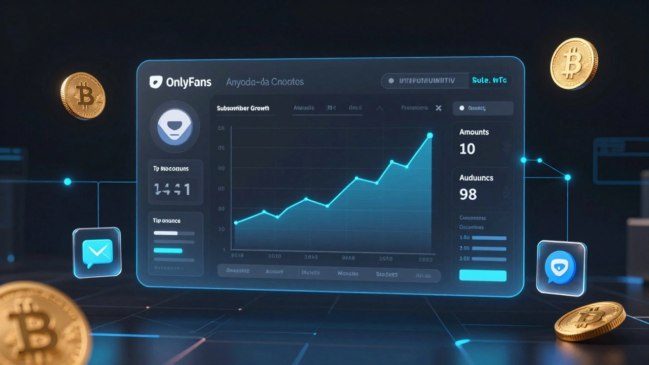 A digital dashboard showing creator analytics and cryptocurrency symbols in a cyberpunk-style interface.