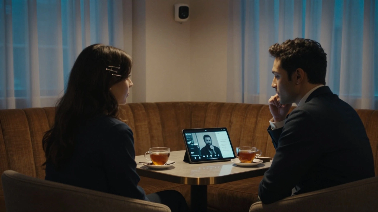 A performer and client meet in a quiet London lounge, sharing tea in a respectful, non-explicit setting.