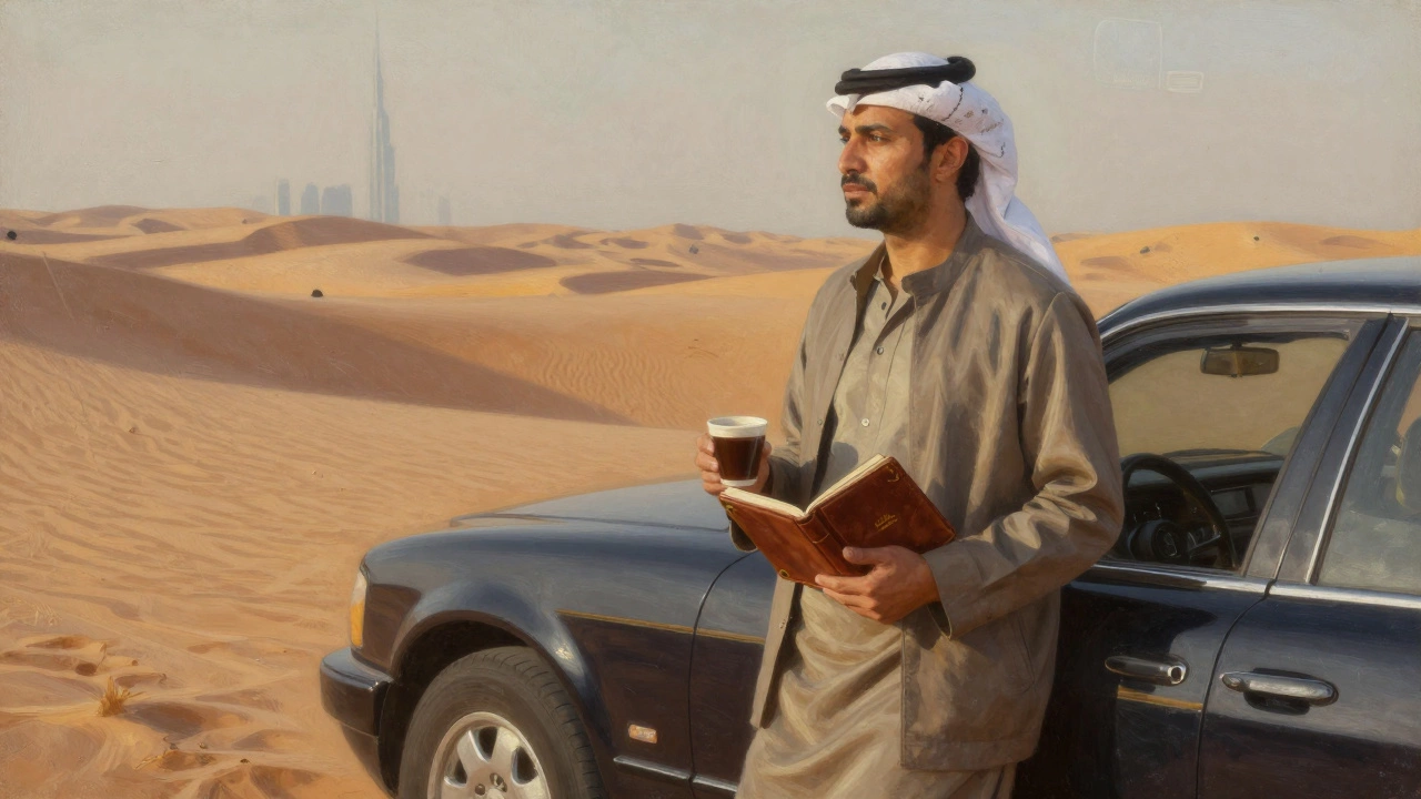 An escort at a desert camp near Dubai, holding coffee and a journal, surrounded by golden dunes at sunset.