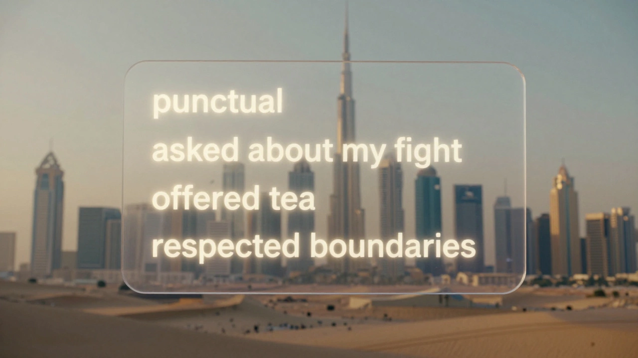 Floating review text highlights professionalism: punctuality, respect, and thoughtful gestures in Dubai.
